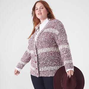 Lane Bryant Cardigan Size 18/20 Cozy Burgundy White Striped Cotton Button-Front